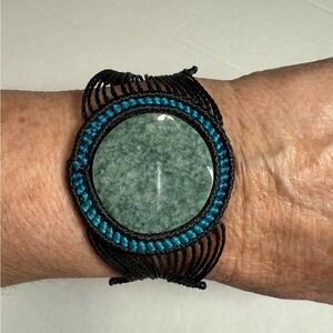 Handmade Bracelet with Genuine Jade Stone and Black Adjustable Cord Artisan made